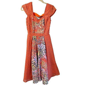 Eshakti Womens Orange Fit & Flare Dress Small Sweetheart Cap Sleeve Abstract
